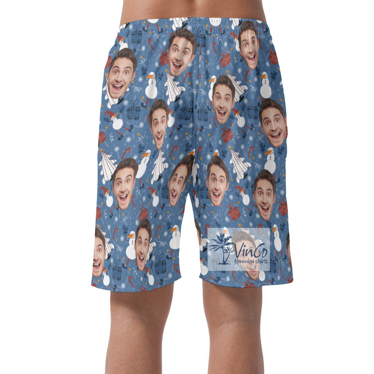 Custom Face Christmas Snowman Blue Hawaiian Beach Shorts For Men