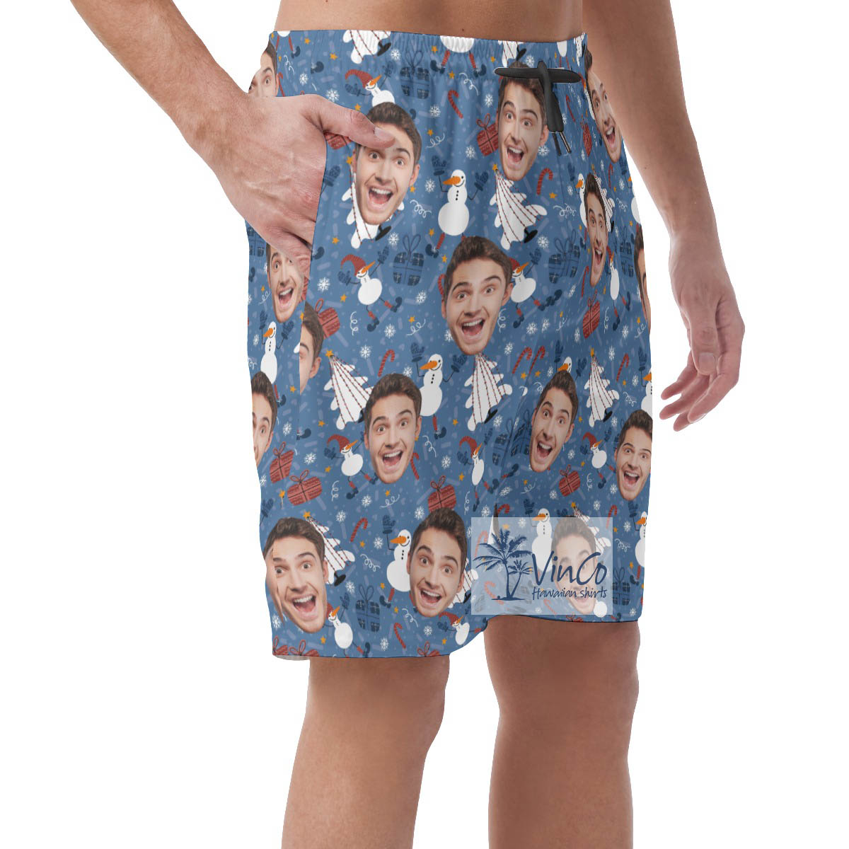Custom Face Christmas Snowman Blue Hawaiian Beach Shorts For Men