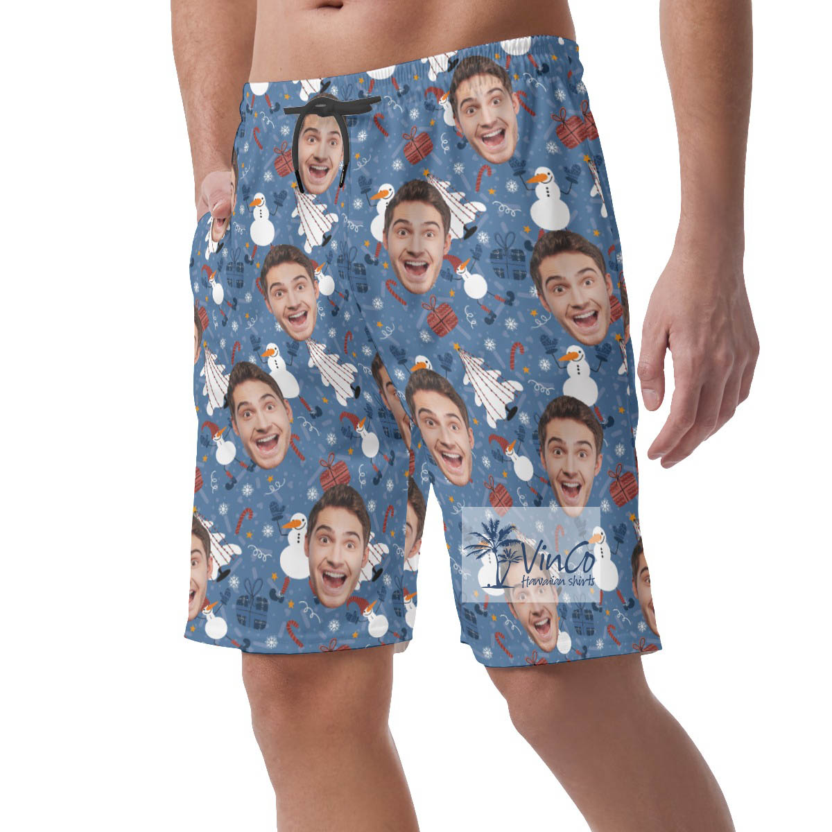 Custom Face Christmas Snowman Blue Hawaiian Beach Shorts For Men