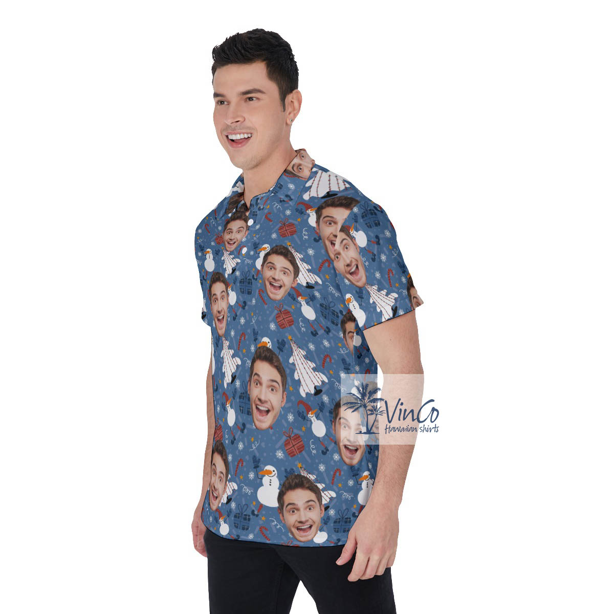 Funny Custom Face Christmas Tree And Snowman Hawaiian Polo Shirt