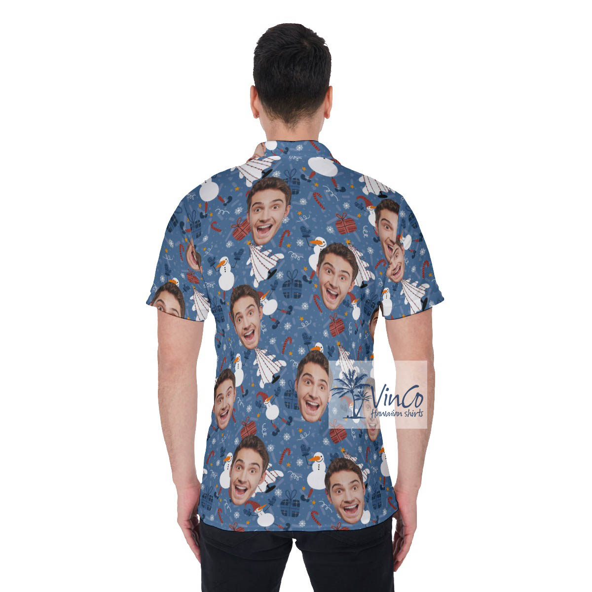 Funny Custom Face Christmas Tree And Snowman Hawaiian Polo Shirt