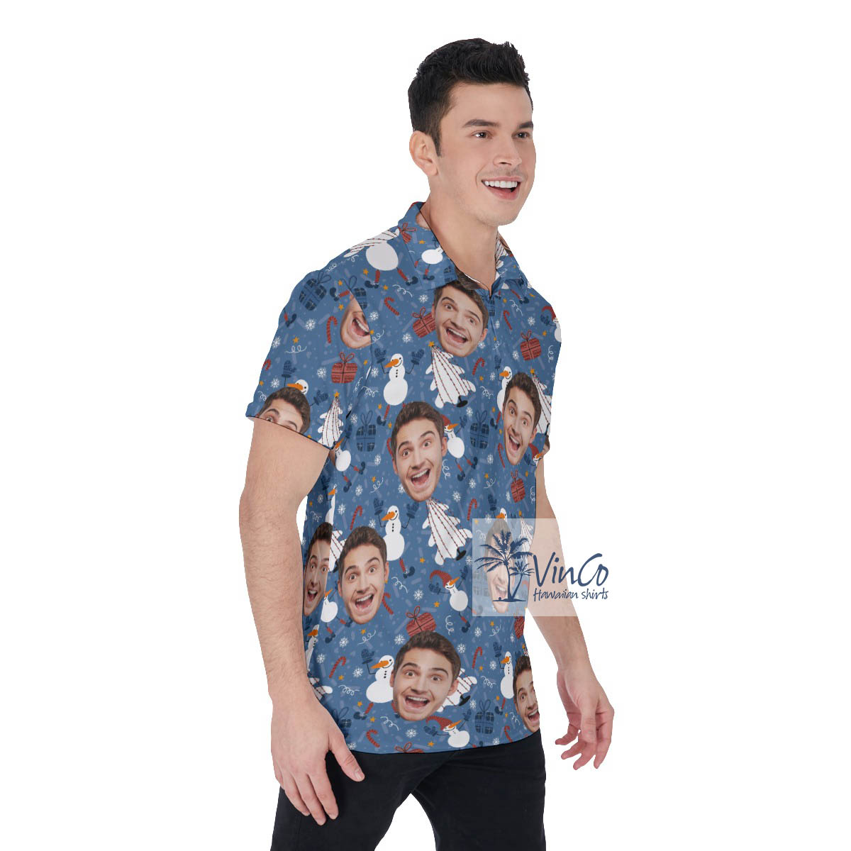 Funny Custom Face Christmas Tree And Snowman Hawaiian Polo Shirt