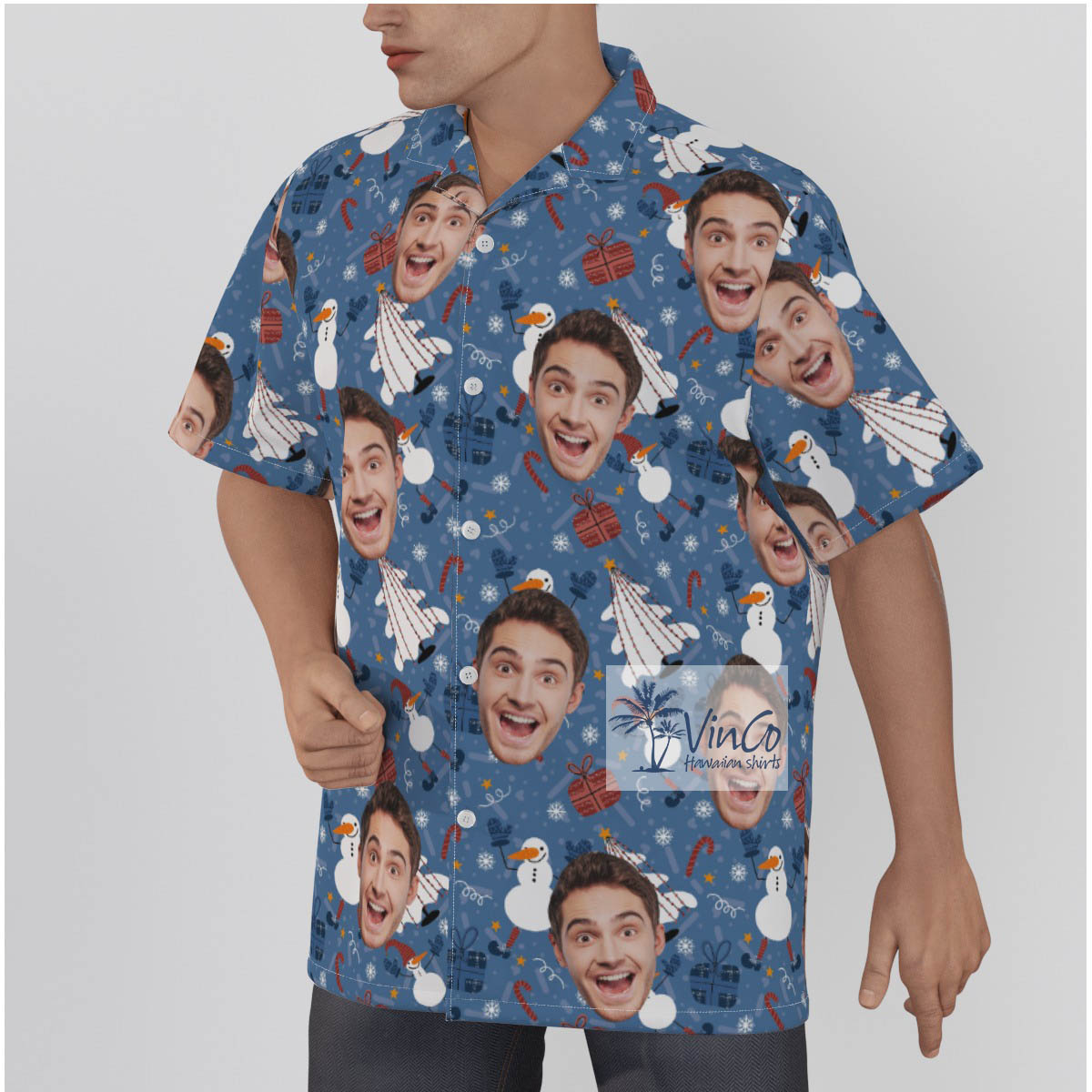 Funny Snowman And Christmas Tree Hawaiian Shirt With Custom Face