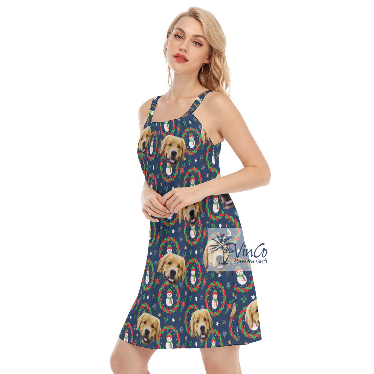 Christmas Snowman With Custom Dog Face Hawaiian Dresses For Women