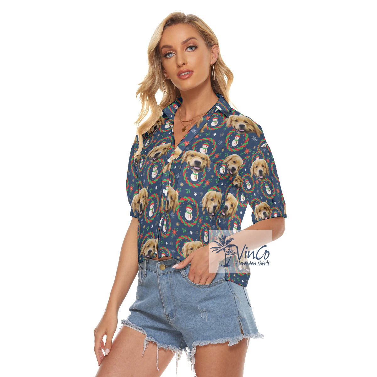 Funny Custom Dog Face Christmas Snowman Navy Aloha Crop Top Shirt