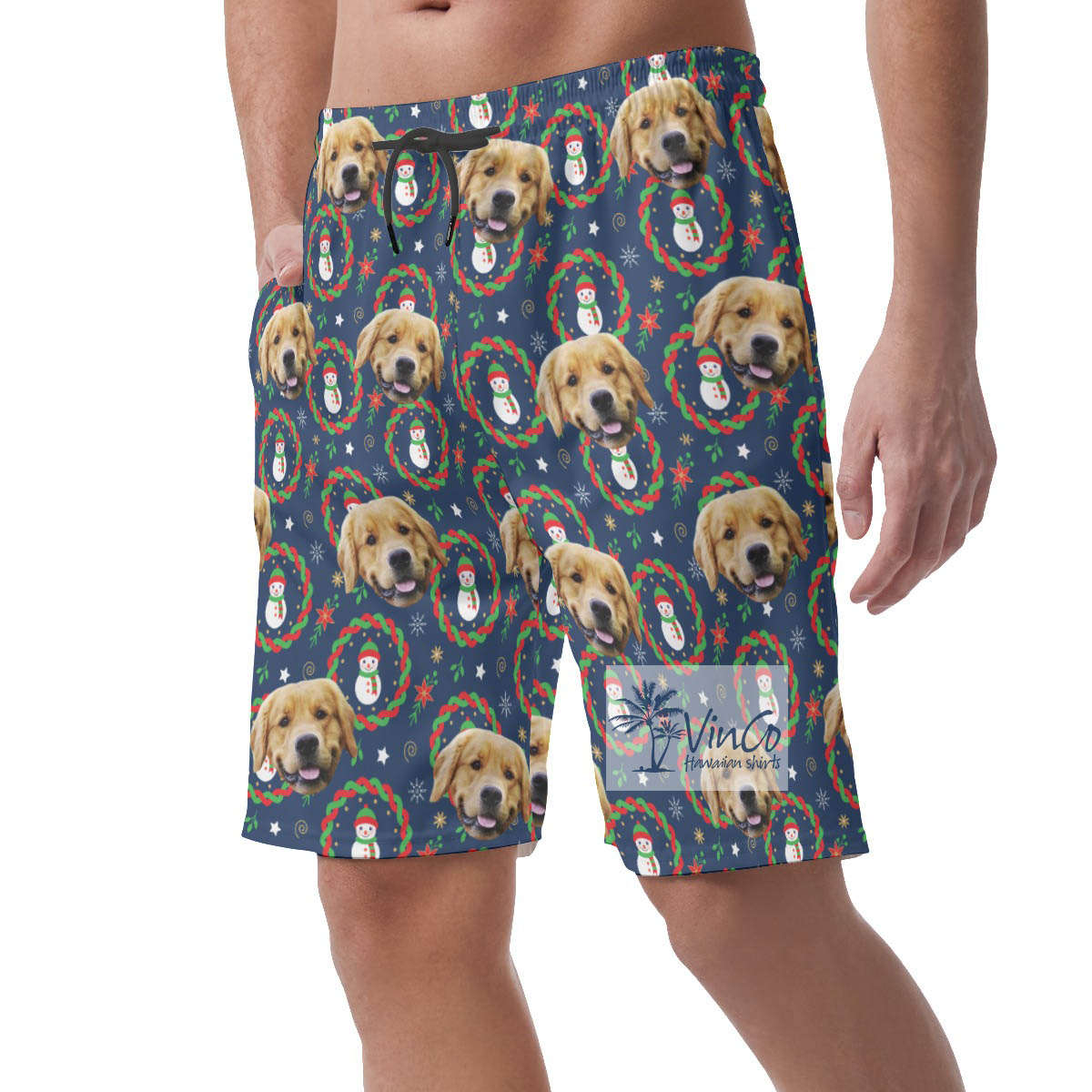 Custom Christmas Snowman Hawaiian Beach Shorts With Dog Face
