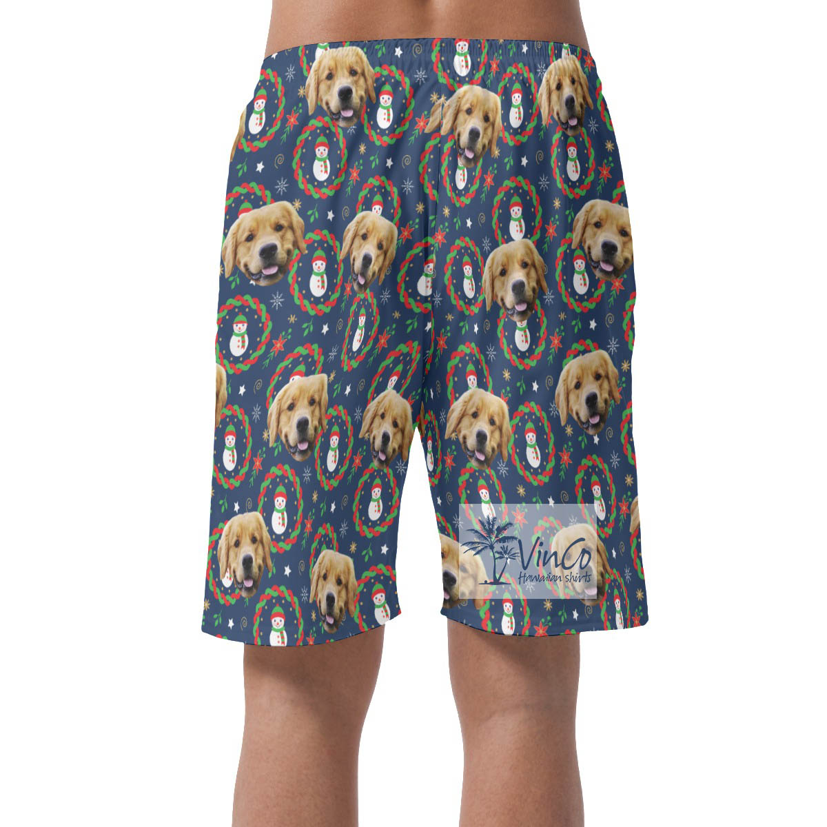 Custom Christmas Snowman Hawaiian Beach Shorts With Dog Face