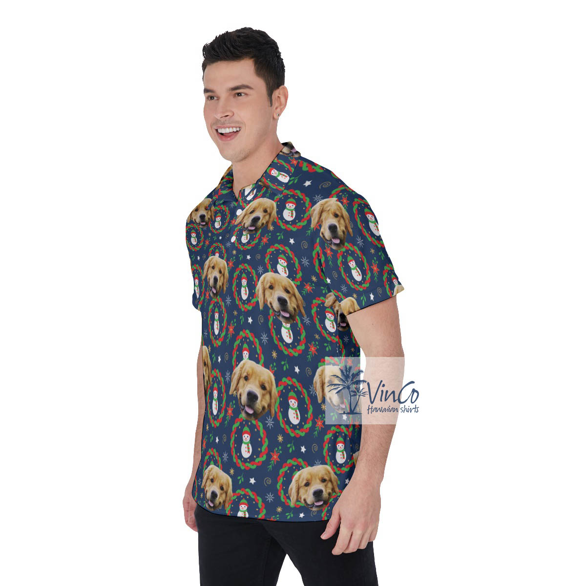 Funny Custom Dog Face Christmas Snowman Hawaiian Polo Shirt For Men