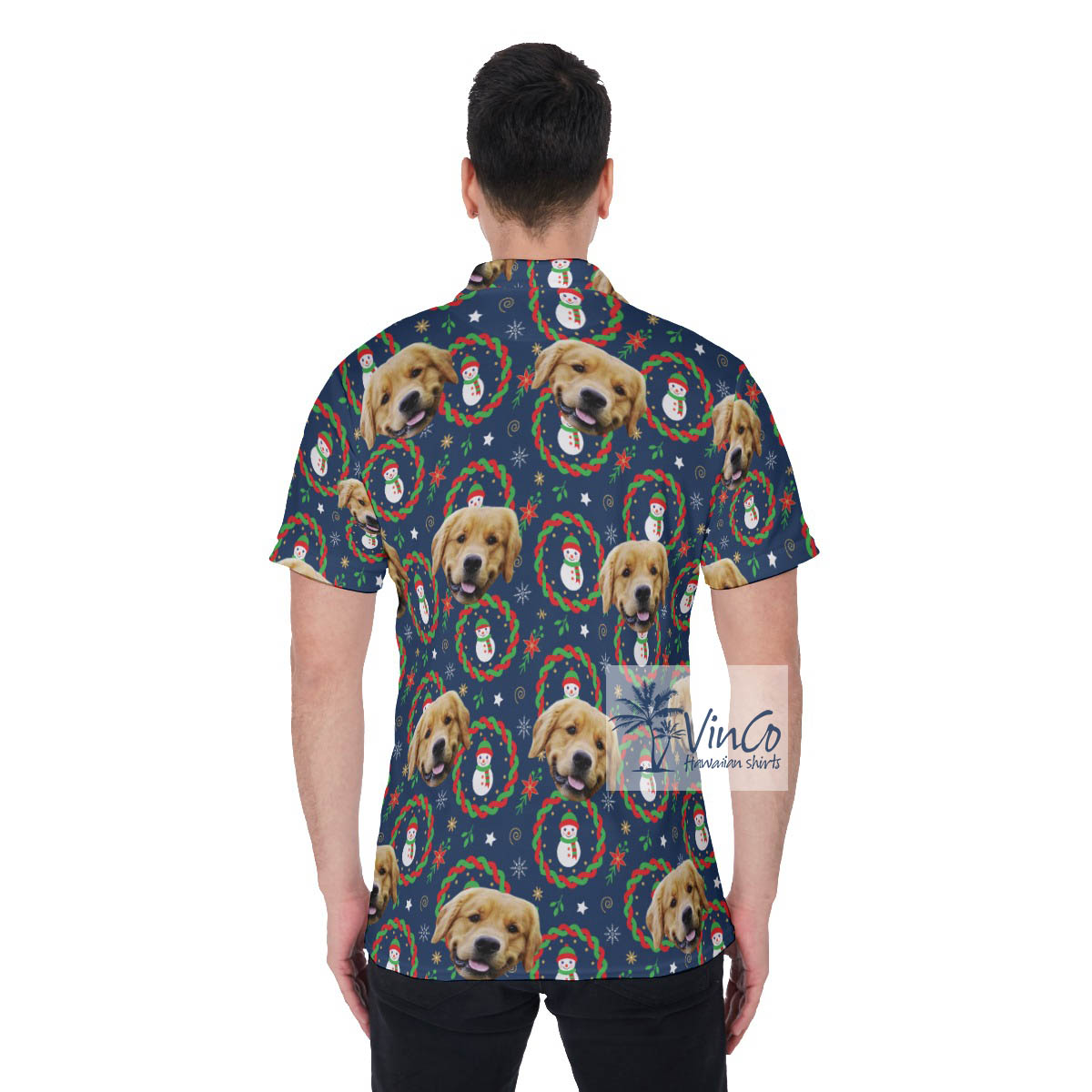 Funny Custom Dog Face Christmas Snowman Hawaiian Polo Shirt For Men