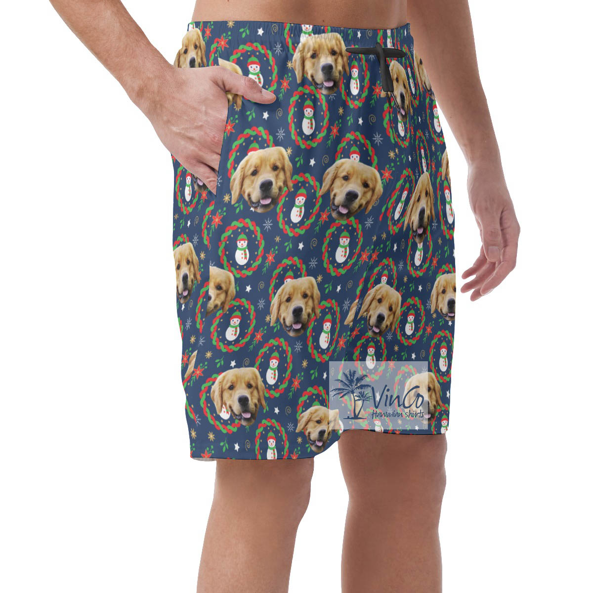 Custom Christmas Snowman Hawaiian Beach Shorts With Dog Face