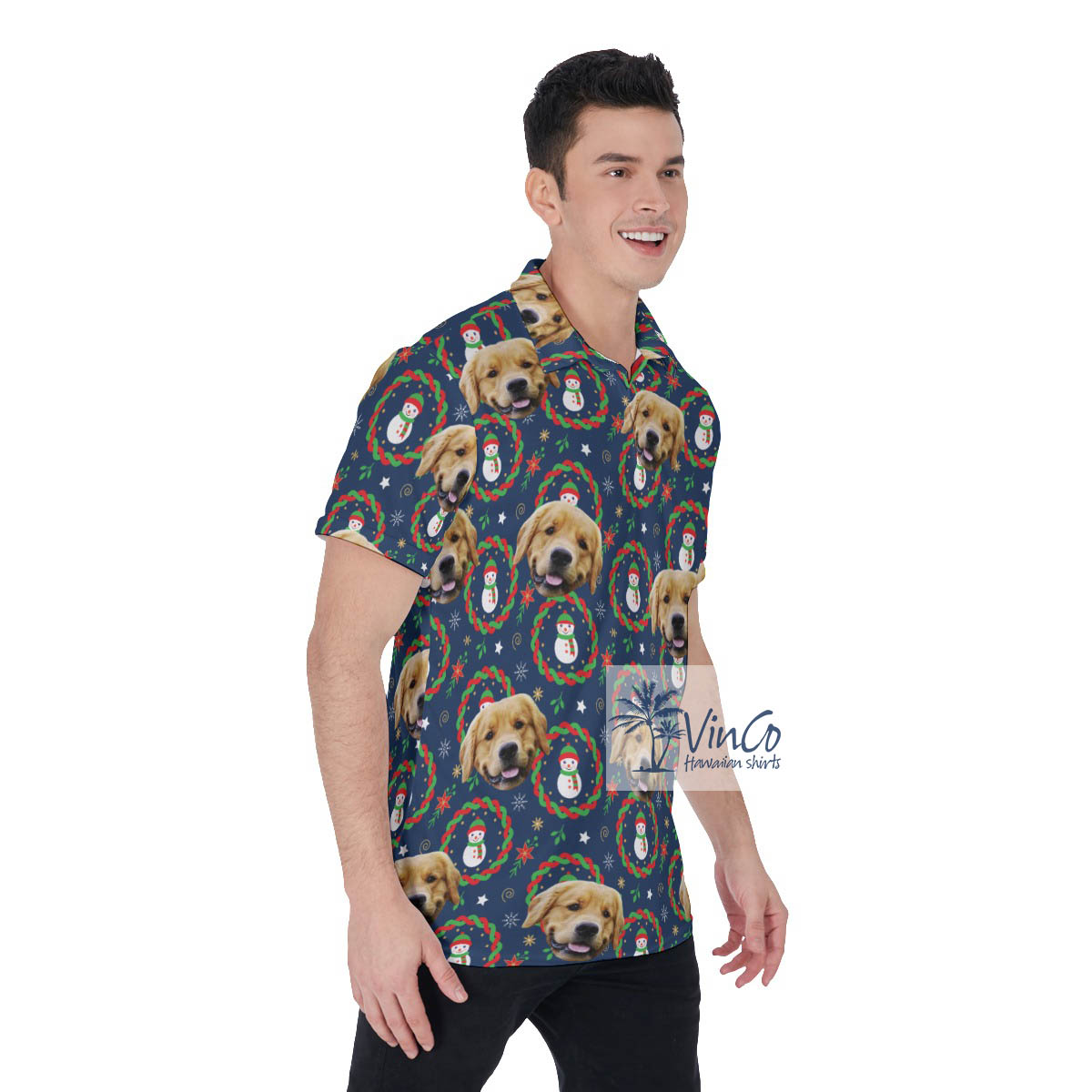 Funny Custom Dog Face Christmas Snowman Hawaiian Polo Shirt For Men
