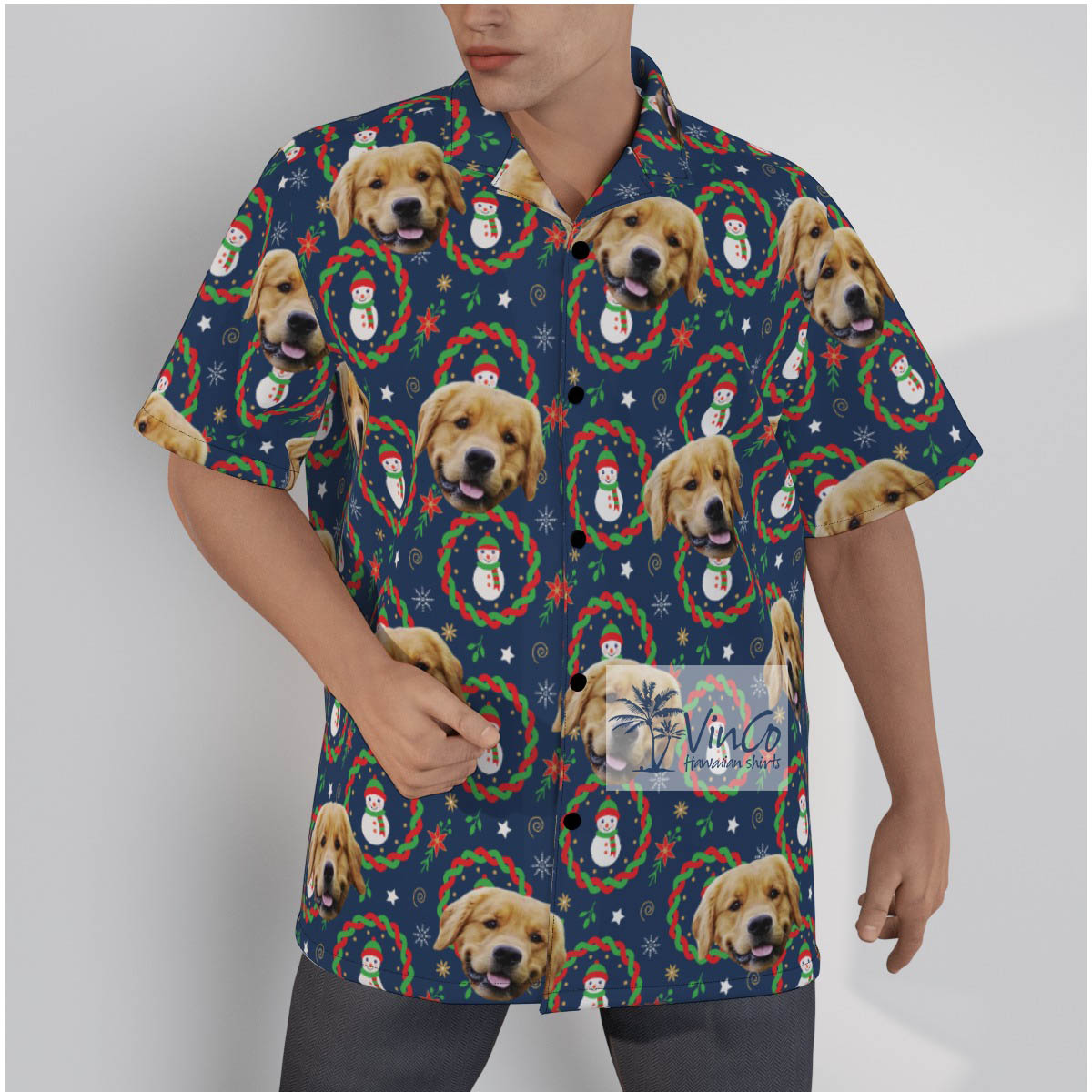 Custom Dog Face Snowman Christmas Navy Hawaiian Shirt - variant image 1