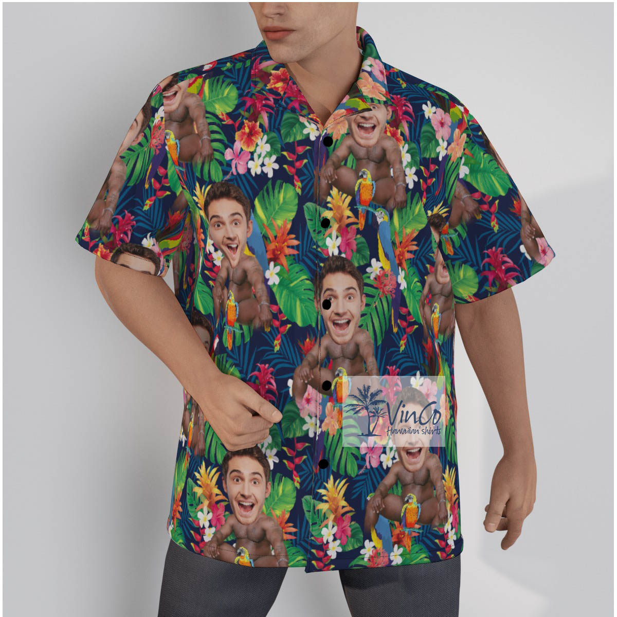 Custom Barry Wood Face Parrots Hawaiian Shirt For Men - variant image 1