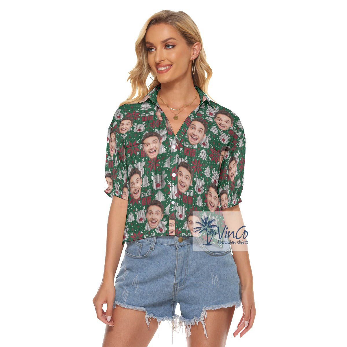 Funny Christmas Wool Knitting Patterns Hawaiian Cropped Shirt With Custom Face - variant image 1