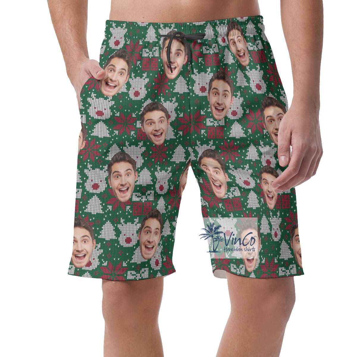 Custom Christmas Ugly Hawaiian Beach Shorts With Face - variant image 1