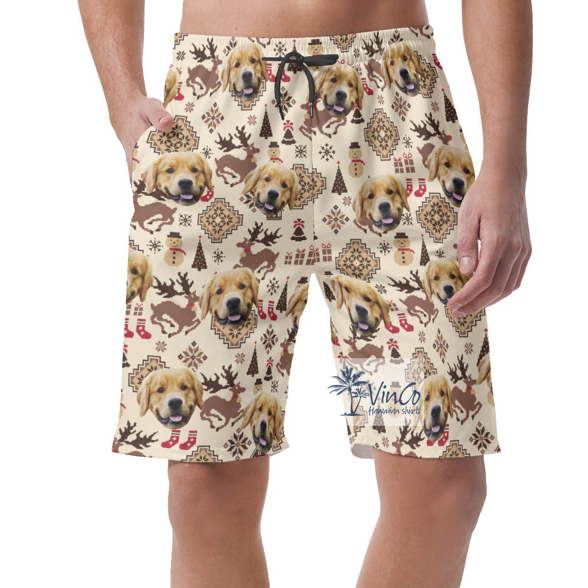 Custom Dog Face Christmas Reindeer And Snowman Hawaiian Beach Shorts - variant image 1