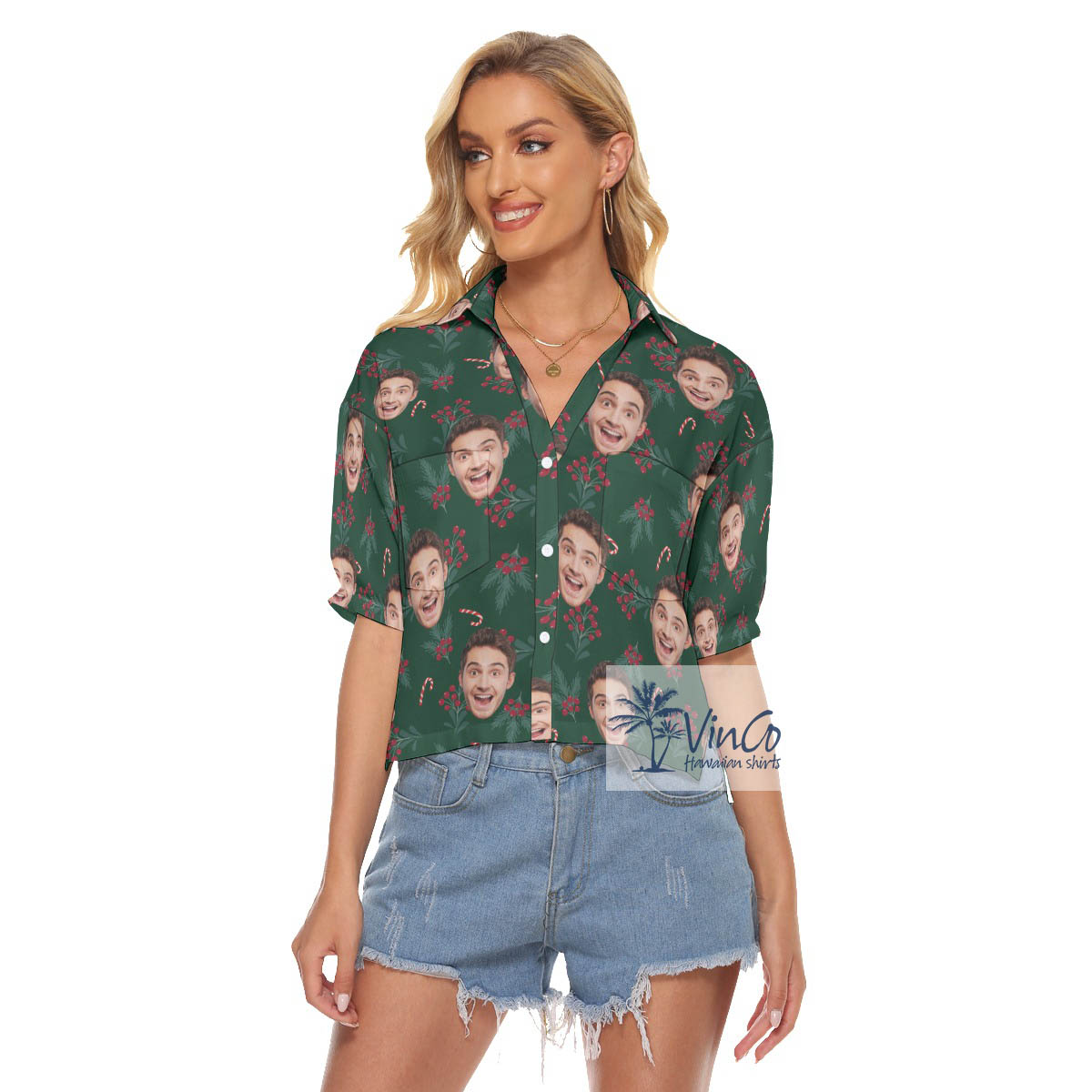 Funny Custom Face Christmas Berries Hawaiian Crop Top Shirt For Women - variant image 1