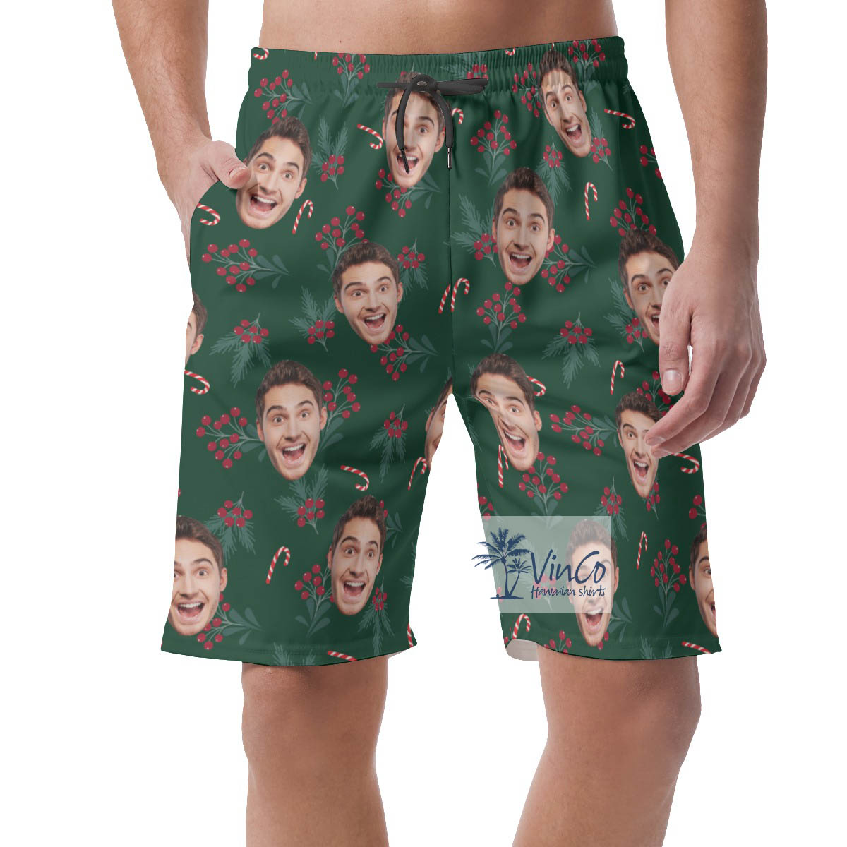 Custom Face Holly Berries Hawaiian Beach Shorts For Men - variant image 1
