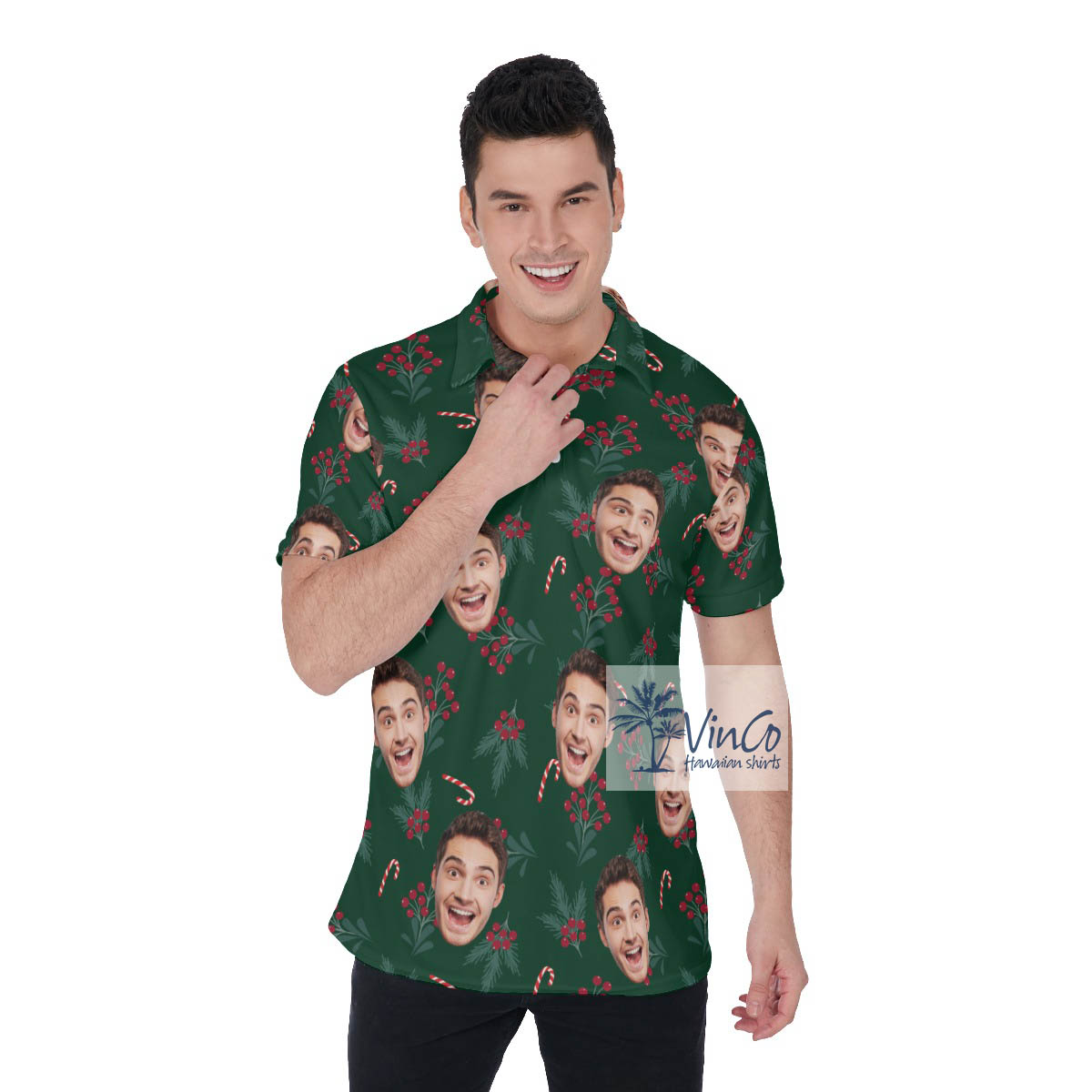 Christmas Holly Berries Hawaiian Polo Shirt With Custom Face - variant image 1
