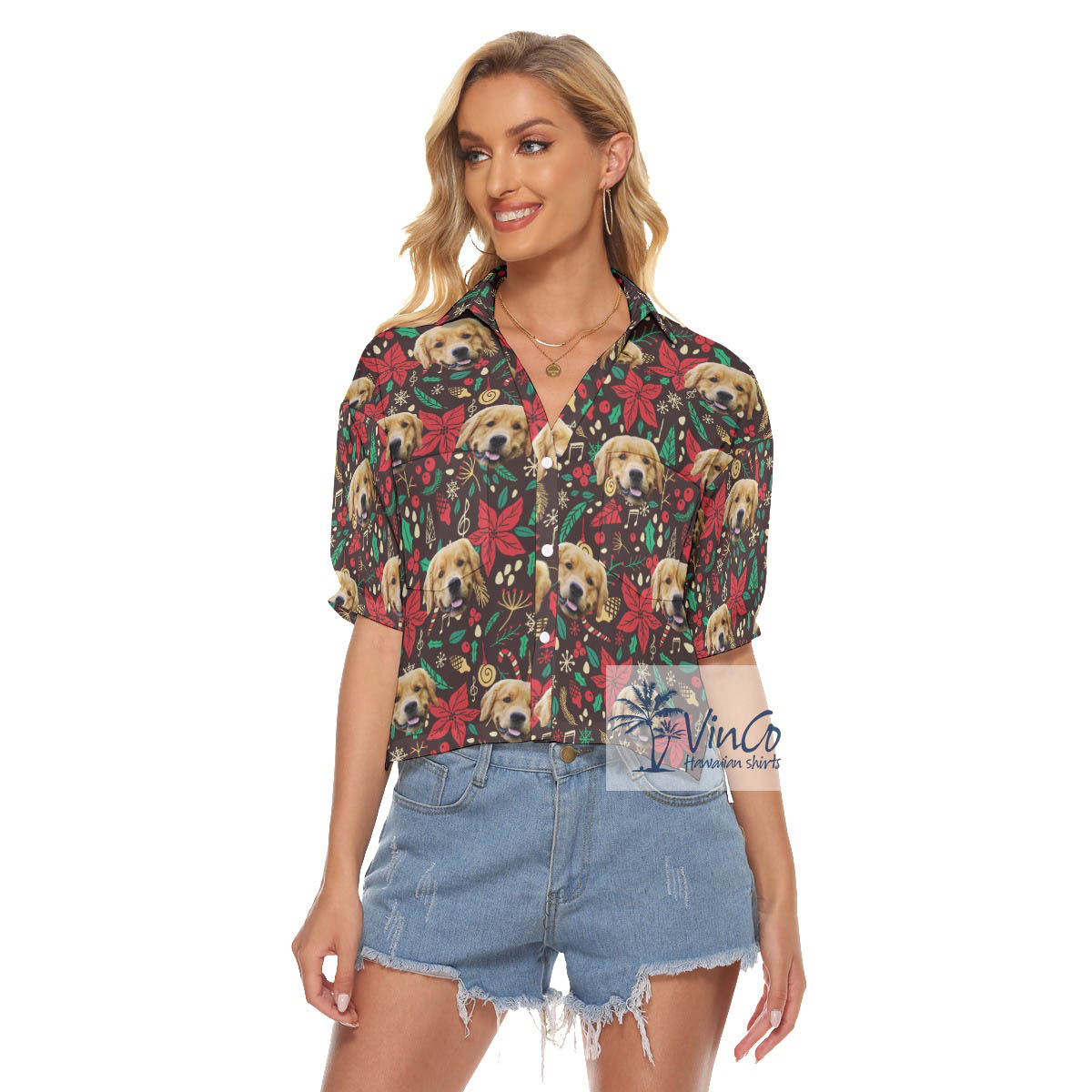 Funny Custom Pet Face Christmas Floral Aloha Crop Top Shirt - variant image 1