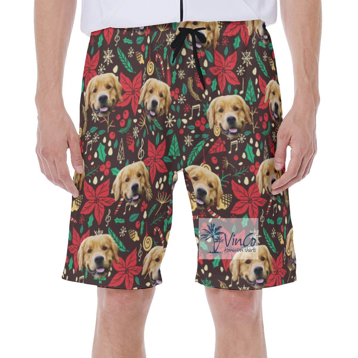 Christmas Floral Hawaiian Swim Trunks With Custom Dog Face - variant image 1