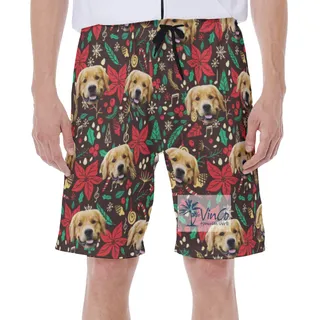 Christmas Floral Hawaiian Swim Trunks With Custom Dog Face