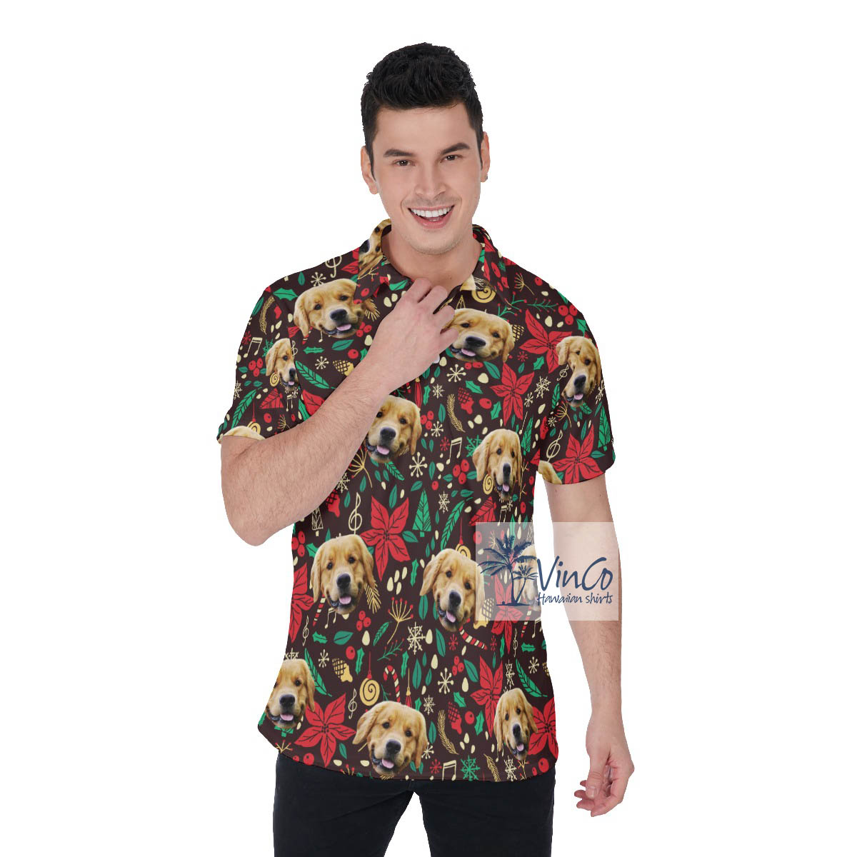Custom Christmas Floral Hawaiian Golf Shirt With Dog Face - variant image 1