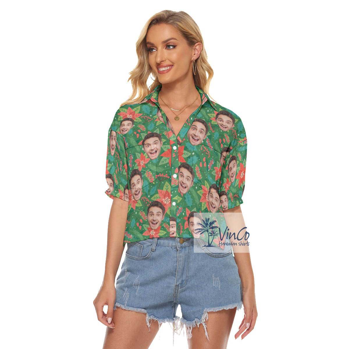 Funny Custom Face Christmas Poinsettia Aloha Crop Top Shirt For Women - variant image 1