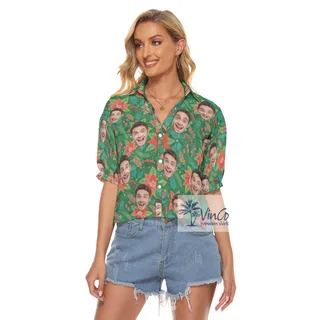 Funny Custom Face Christmas Poinsettia Aloha Crop Top Shirt For Women