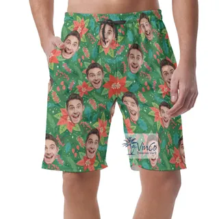 Custom Face Christmas Floral Hawaiian Beach Shorts For Men