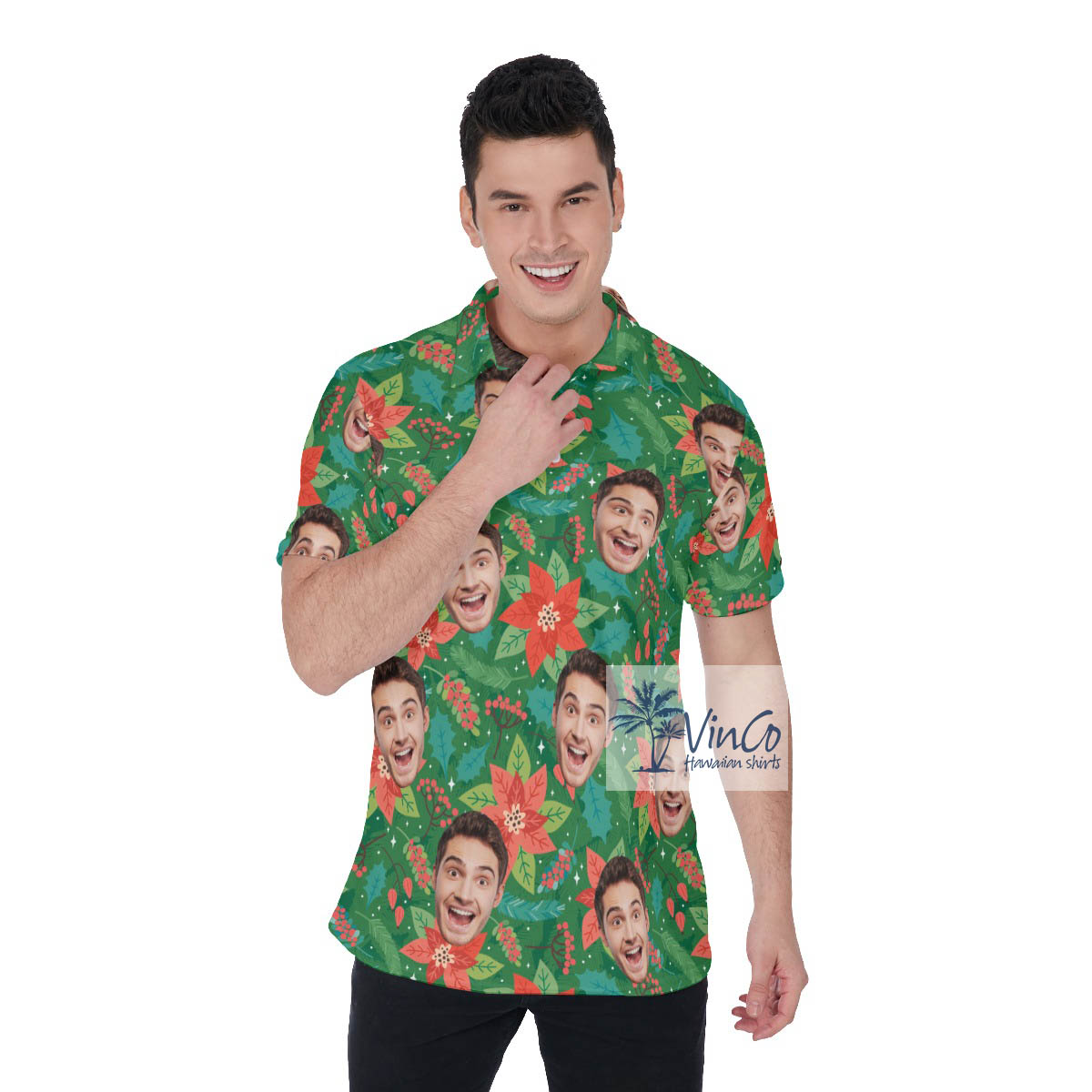 Custom Christmas Floral Hawaiian Polo Shirt With Face - variant image 1