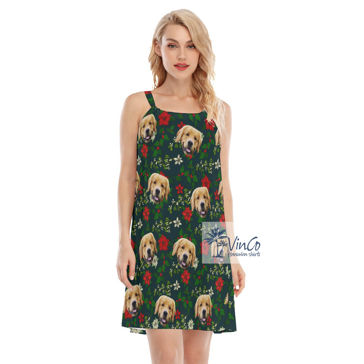Funny Custom Christmas Floral Hawaiian Cami Dress With Dog Face - variant image 1