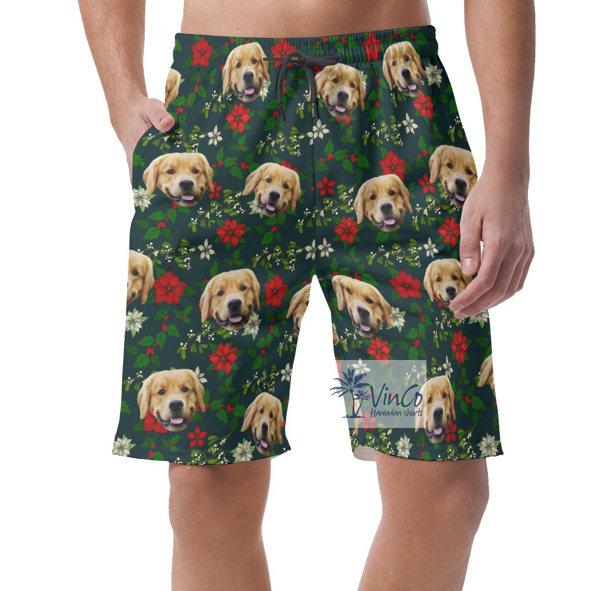 Custom Dog Face Christmas Floral Hawaiian Beach Shorts For Men - variant image 1