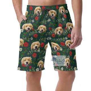 Custom Dog Face Christmas Floral Hawaiian Beach Shorts For Men