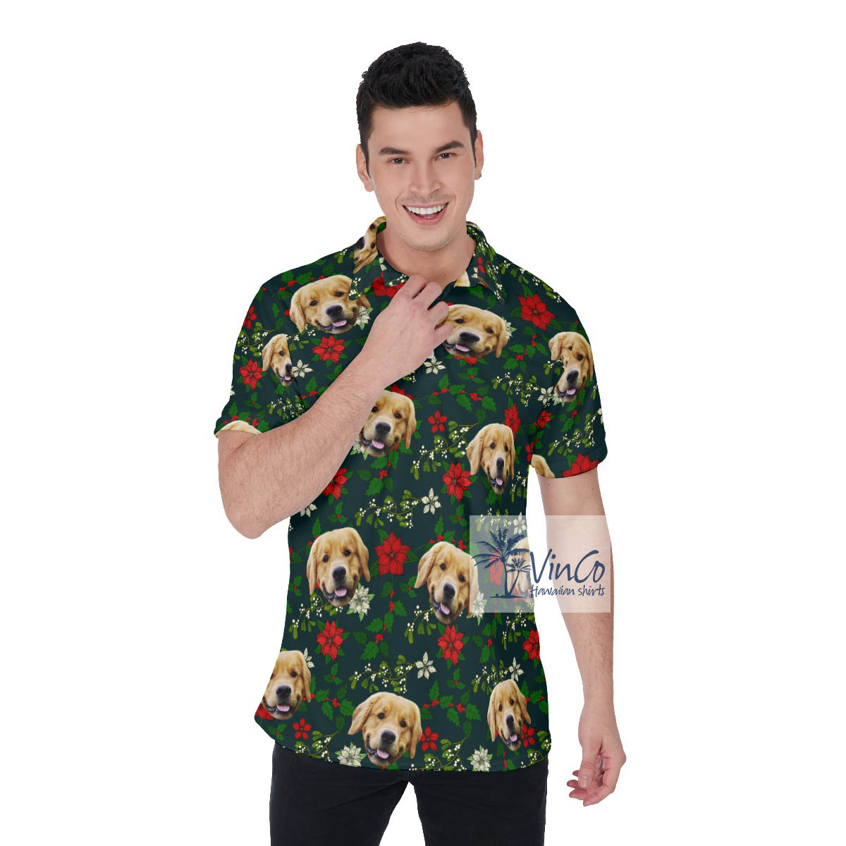 Custom Floral Poinsettia Green Hawaiian Polo Shirt With Dog Face - variant image 1