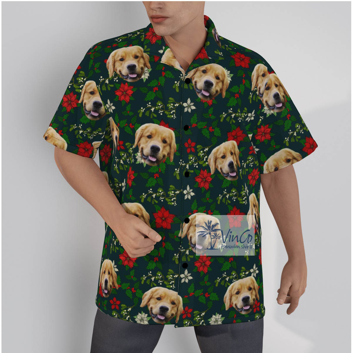 Funny Custom Dog Face Christmas Poinsettia Green Hawaiian Shirt - variant image 1