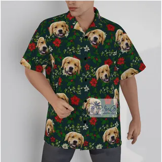 Funny Custom Dog Face Christmas Poinsettia Green Hawaiian Shirt