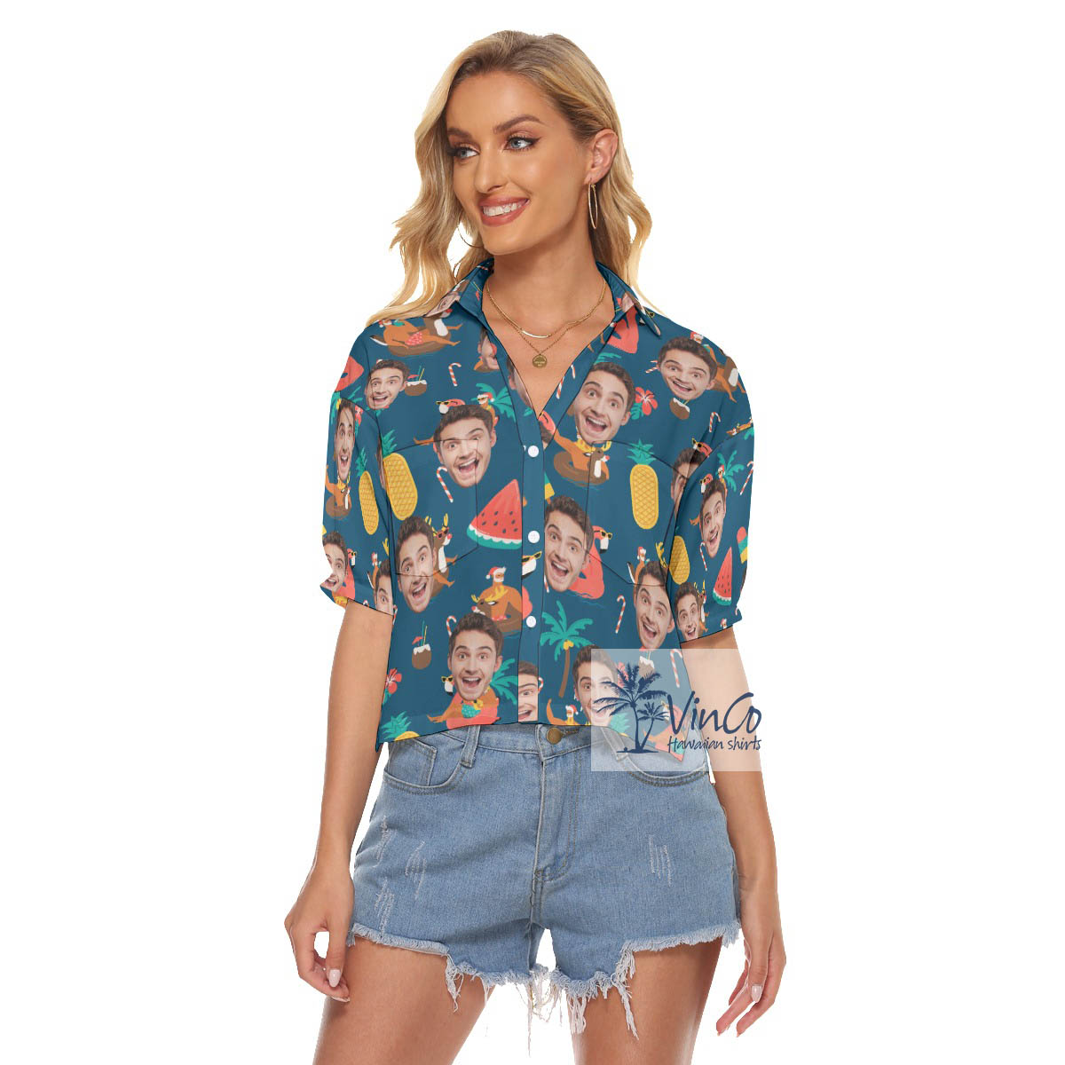 Tropical Christmas Santa Custom Face Aloha Cropped Shirt For Women - variant image 1