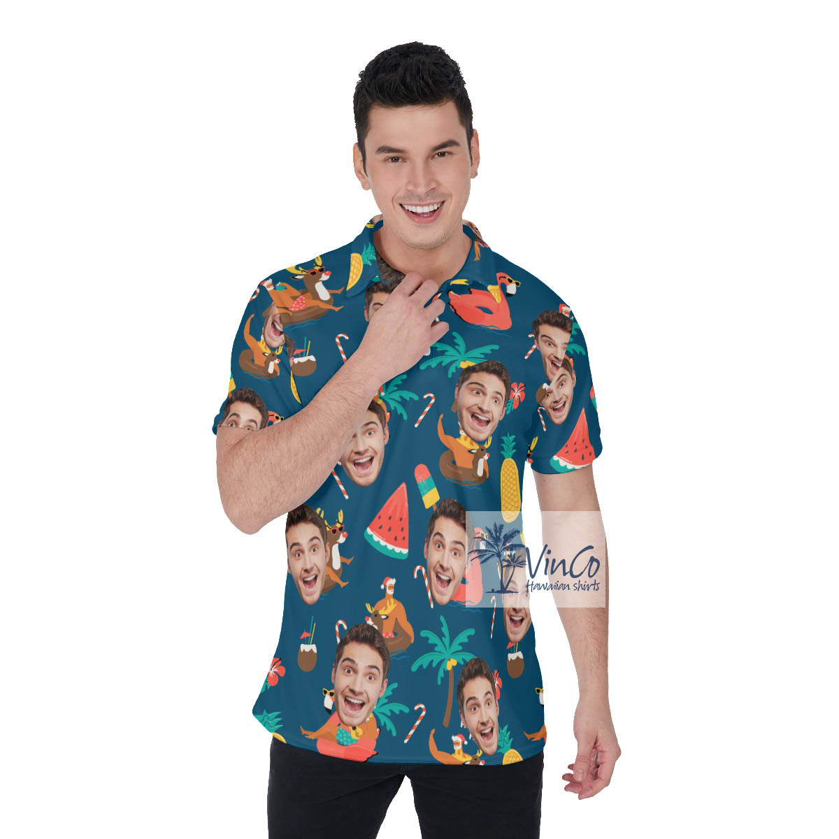 Tropical Christmas Santa Claus Custom Face Hawaiian Golf Shirt For Men - variant image 1