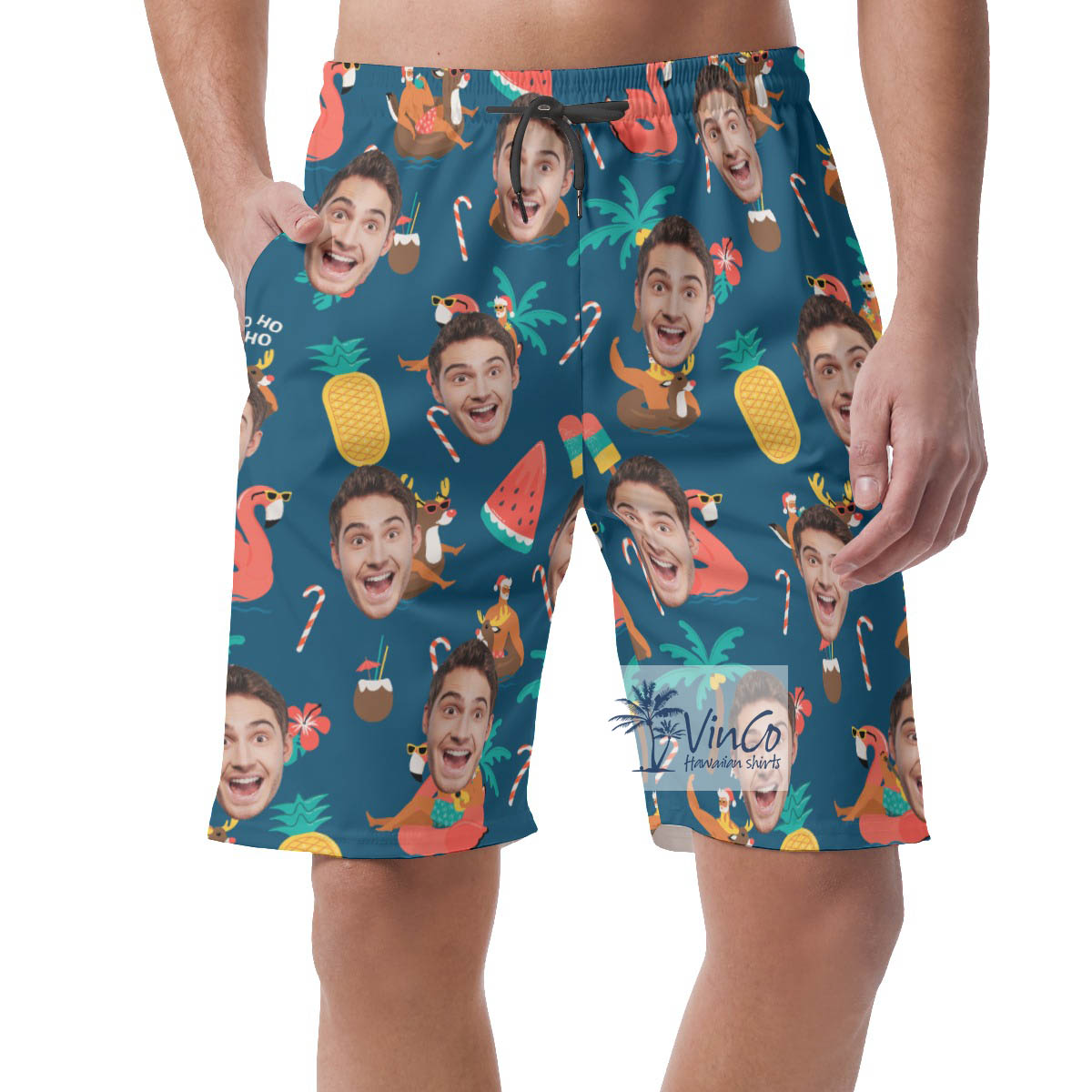 Custom Christmas Santa Claus Tropical Hawaiian Beach Shorts With Face - variant image 1