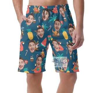 Custom Christmas Santa Claus Tropical Hawaiian Beach Shorts With Face