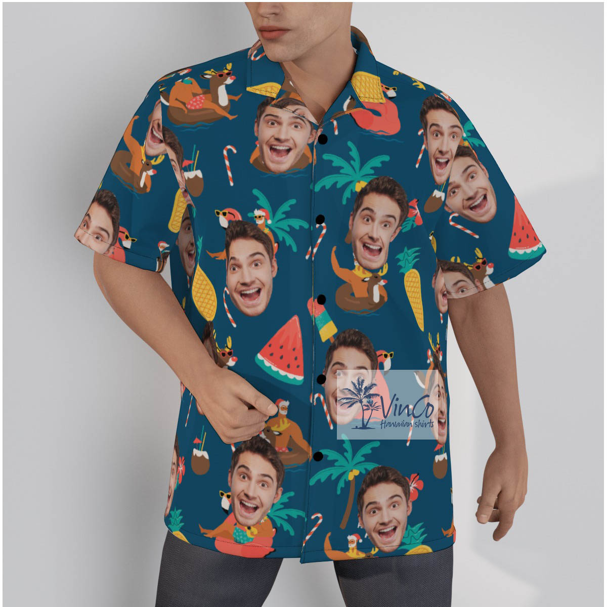Funny Christmas Santa On Swimming Pool Tropical Hawaiian Shirt With Custom Face - variant image 1