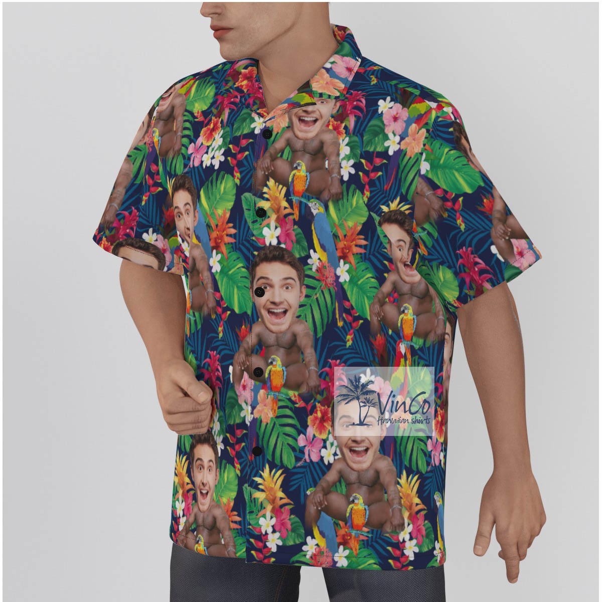 Custom Barry Wood Face Parrots Hawaiian Shirt For Men