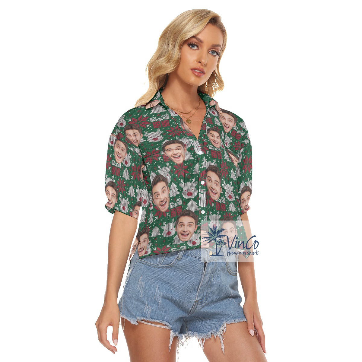 Funny Christmas Wool Knitting Patterns Hawaiian Cropped Shirt With Custom Face