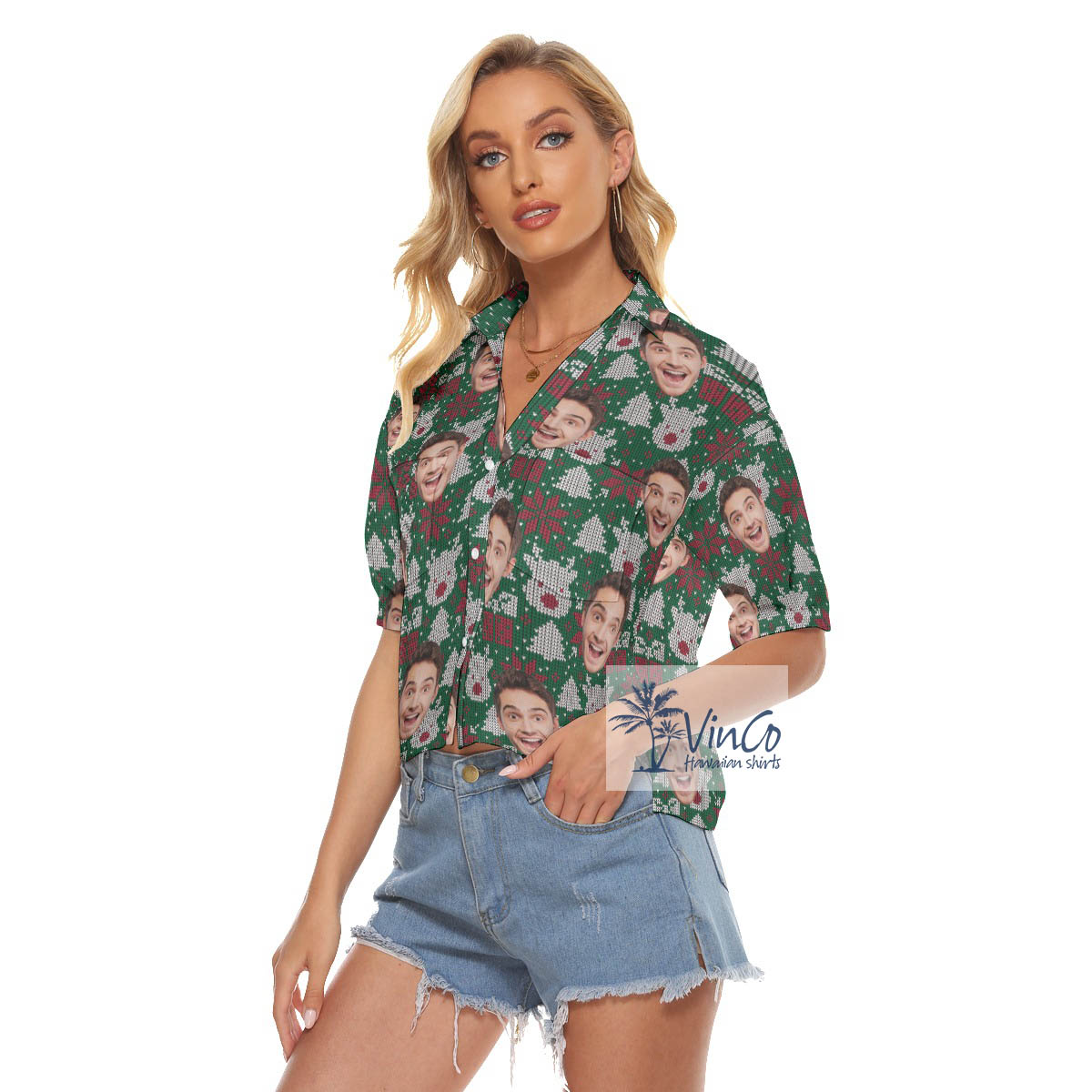 Funny Christmas Wool Knitting Patterns Hawaiian Cropped Shirt With Custom Face