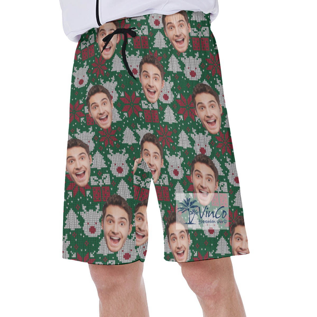Funny Christmas Wool Knitting Patterns Custom Face Hawaiian Swimwear For Men
