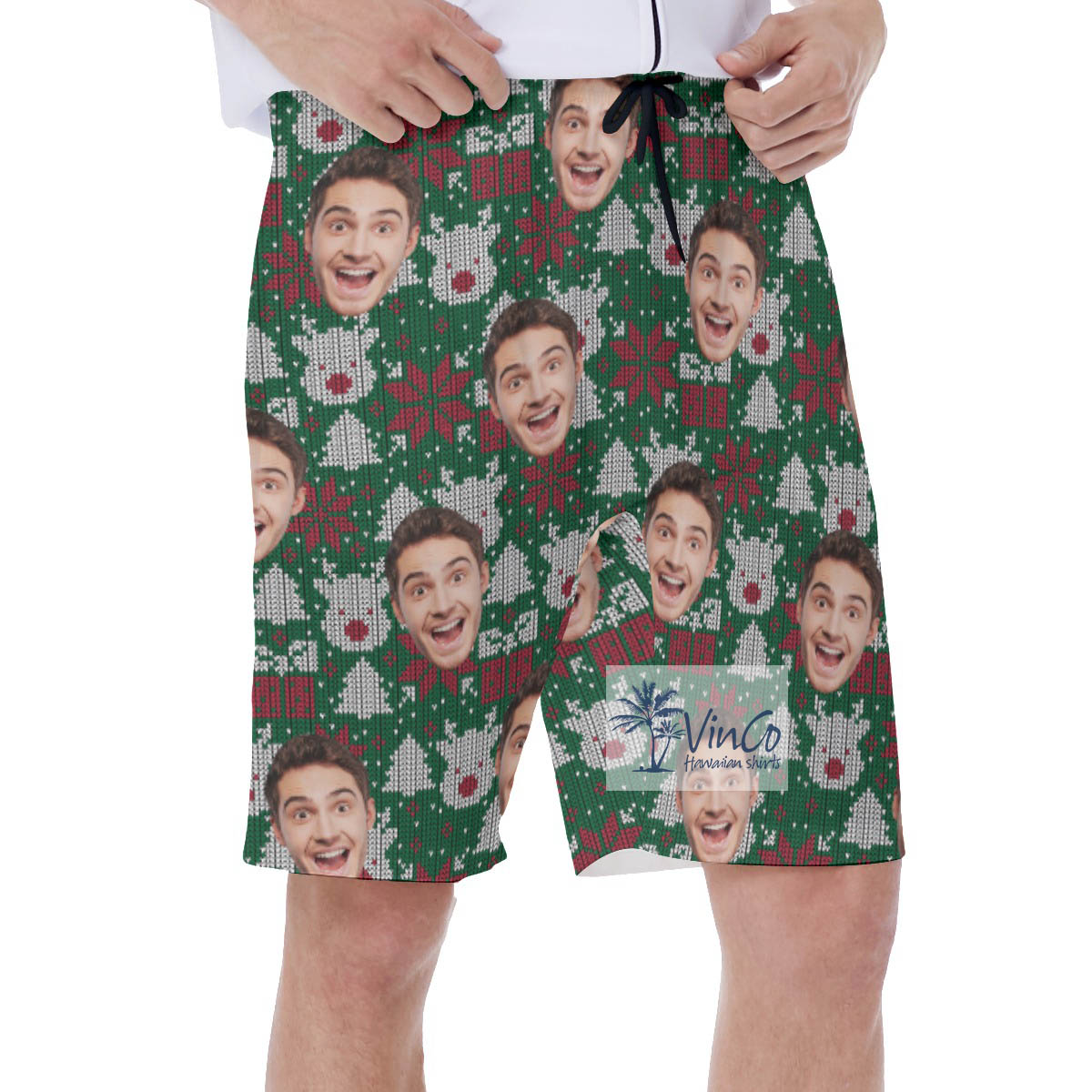 Funny Christmas Wool Knitting Patterns Custom Face Hawaiian Swimwear For Men