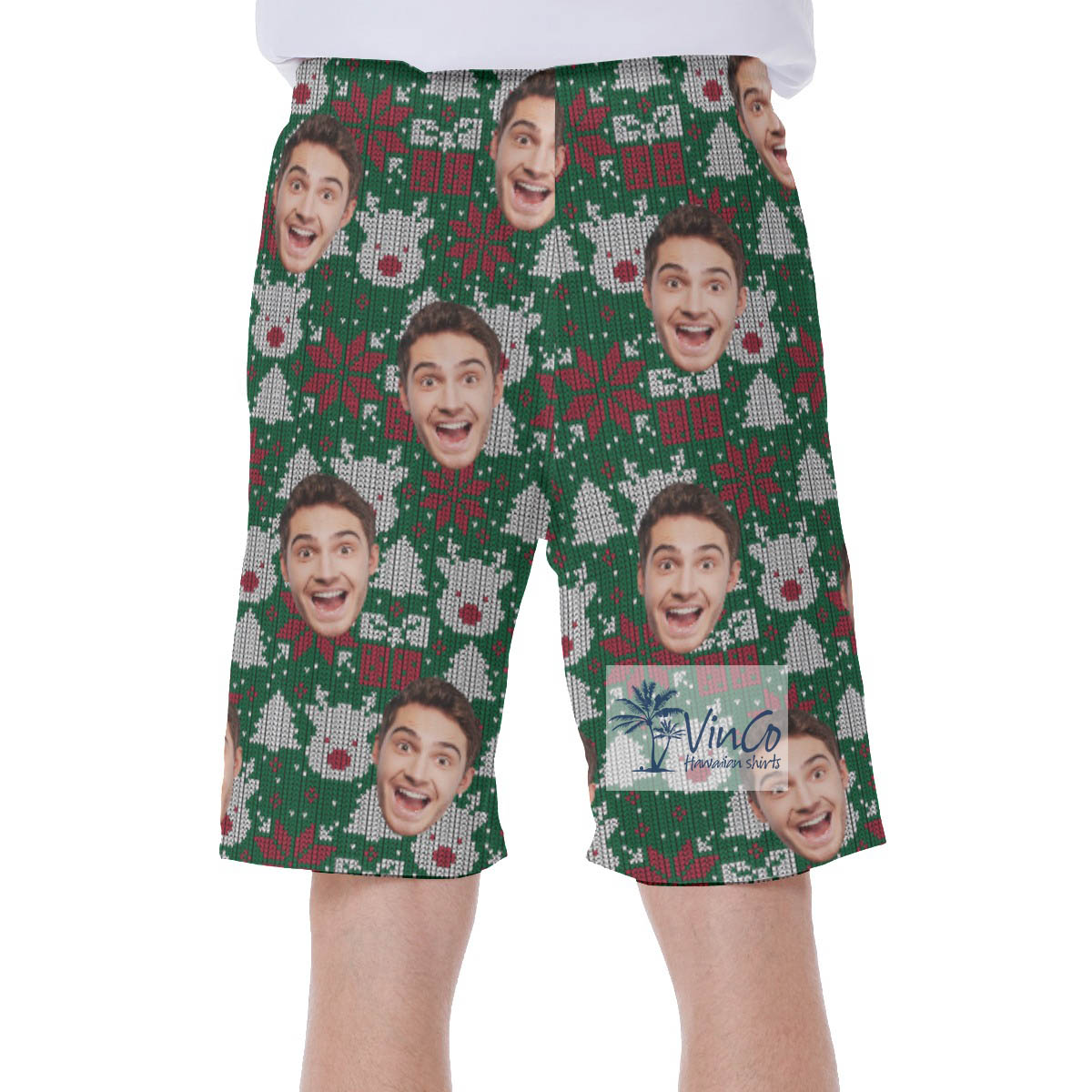 Funny Christmas Wool Knitting Patterns Custom Face Hawaiian Swimwear For Men