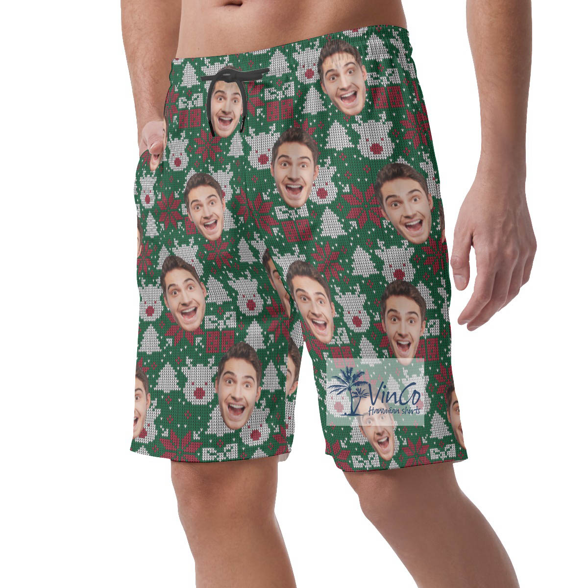 Custom Christmas Ugly Hawaiian Beach Shorts With Face