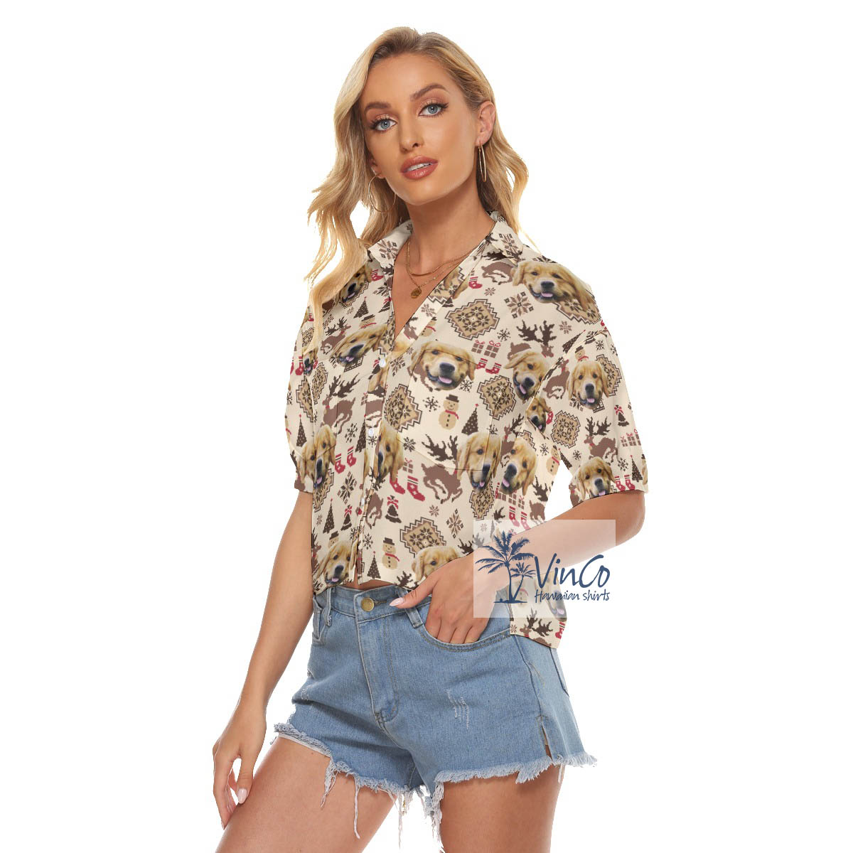 Custom Dog Face Christmas Reindeer And Snowman Aloha Cropped Shirt For Women